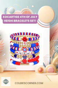 XOCARTIGE 4th of July Heishi Bracelets Set for Women - Colorful African Vinyl Disc Beads and Gold-Tone Metal Sequins - Patriotic Elastic Stretch Bracelets - Boho Summer Beach Jewelry - One Size Fits All